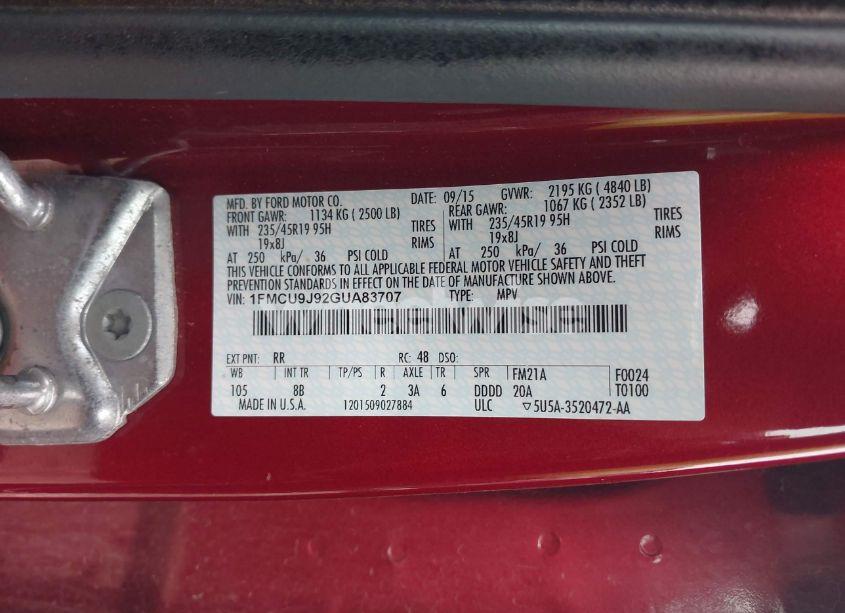 Photo 9 of 2016 Ford Escape TITANIUM (VIN 1FMCU9J92GUA83707)