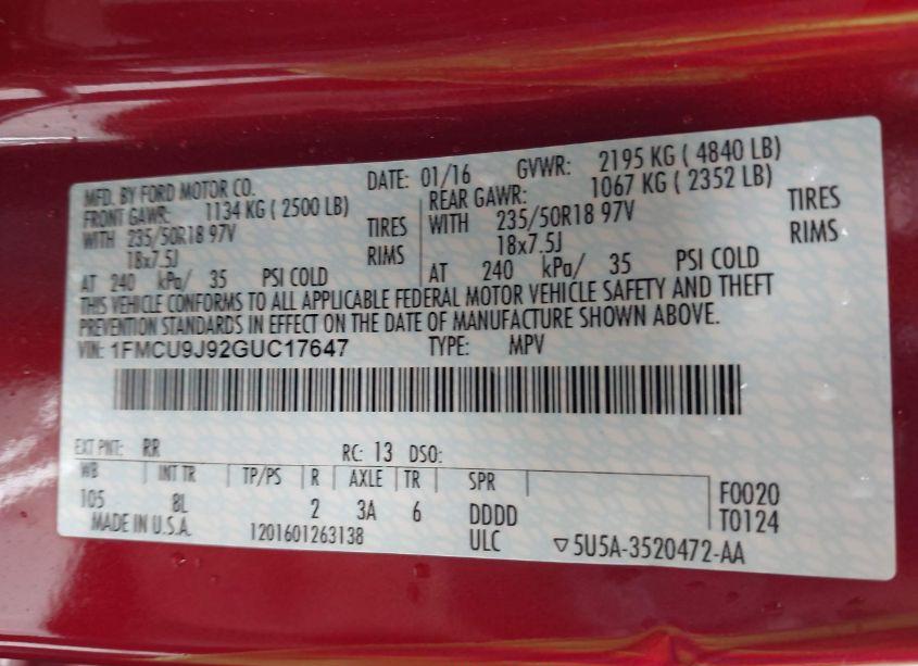 Photo 9 of 2016 Ford Escape TITANIUM (VIN 1FMCU9J92GUC17647)