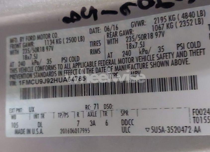 Photo 9 of 2017 Ford Escape TITANIUM (VIN 1FMCU9J92HUA64785)