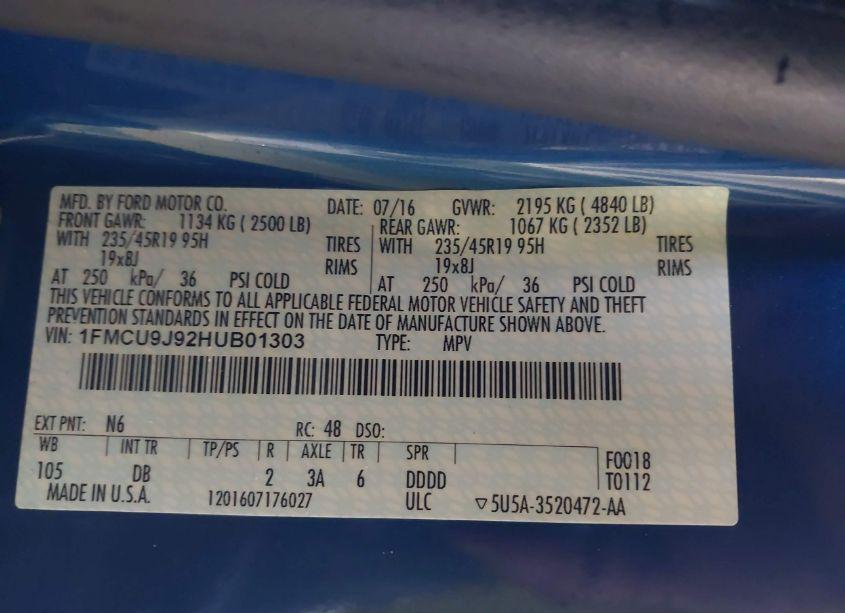 Photo 9 of 2017 Ford Escape TITANIUM (VIN 1FMCU9J92HUB01303)