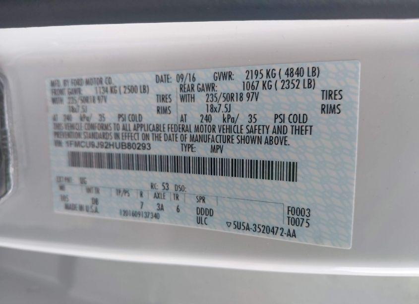 Photo 9 of 2017 Ford Escape TITANIUM (VIN 1FMCU9J92HUB80293)