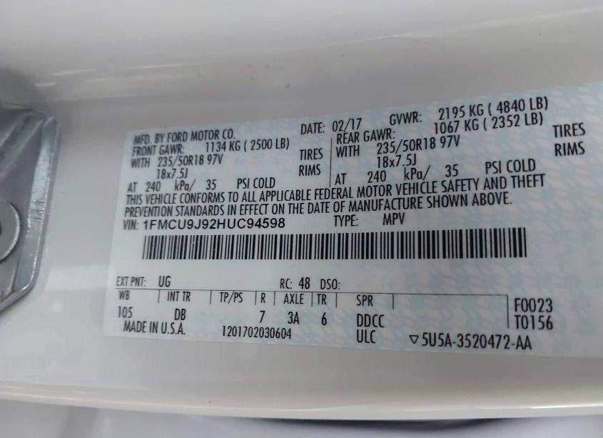 Photo 9 of 2017 Ford Escape TITANIUM (VIN 1FMCU9J92HUC94598)