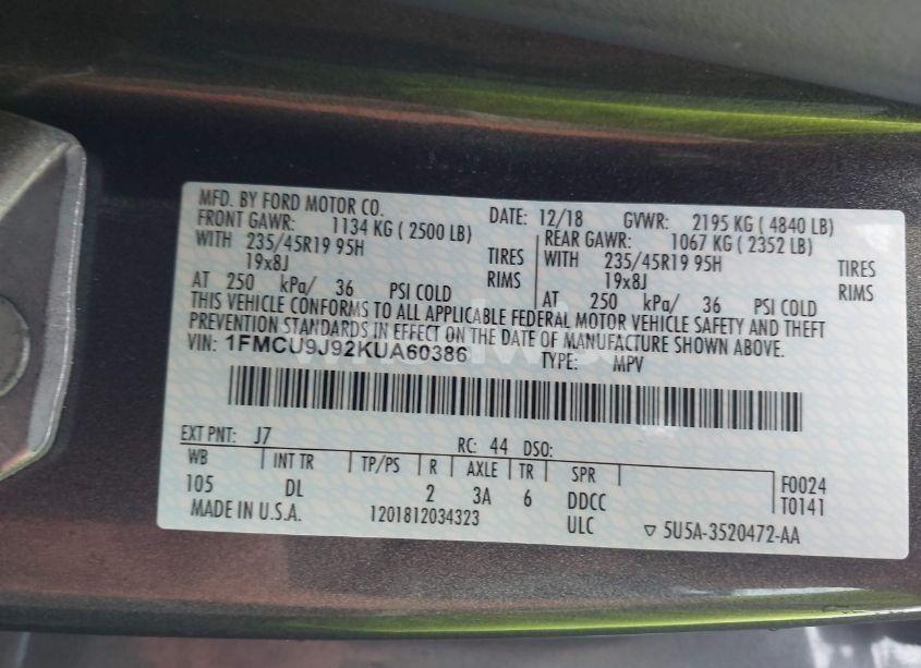 Photo 9 of 2019 Ford Escape TITANIUM (VIN 1FMCU9J92KUA60386)