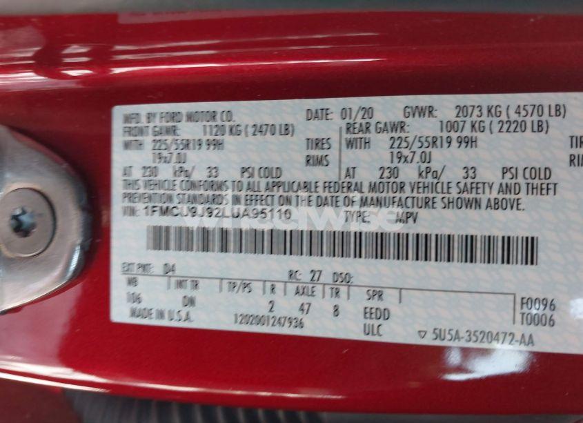 Photo 9 of 2020 Ford Escape TITANIUM (VIN 1FMCU9J92LUA95110)