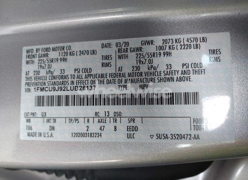 Photo 9 of 2020 Ford Escape TITANIUM (VIN 1FMCU9J92LUB28137)