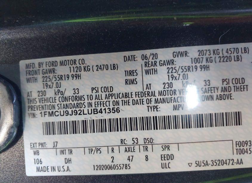 Photo 9 of 2020 Ford Escape TITANIUM (VIN 1FMCU9J92LUB41356)