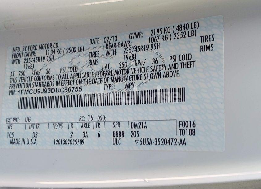 Photo 9 of 2013 Ford Escape TITANIUM (VIN 1FMCU9J93DUC66755)