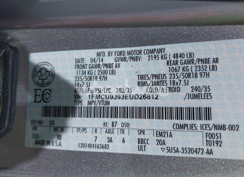 Photo 9 of 2014 Ford Escape TITANIUM (VIN 1FMCU9J93EUD26812)