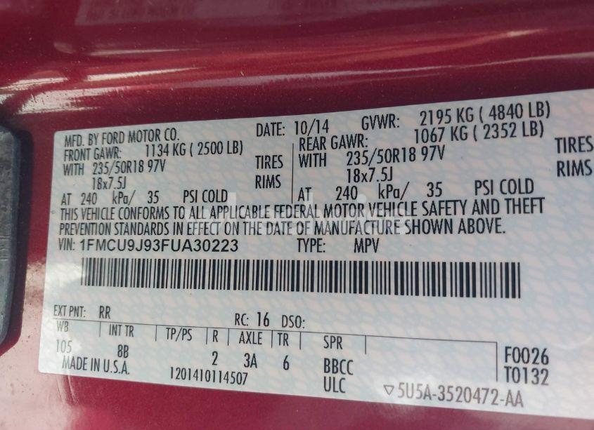 Photo 9 of 2015 Ford Escape TITANIUM (VIN 1FMCU9J93FUA30223)