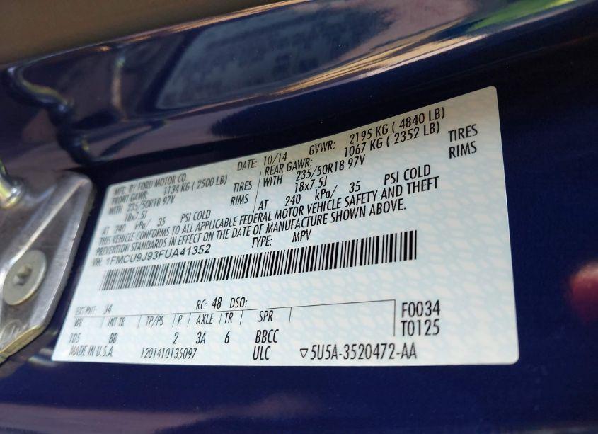 Photo 9 of 2015 Ford Escape TITANIUM (VIN 1FMCU9J93FUA41352)