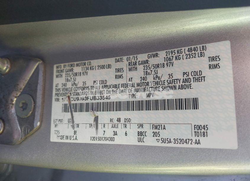 Photo 9 of 2015 Ford Escape TITANIUM (VIN 1FMCU9J93FUB33545)