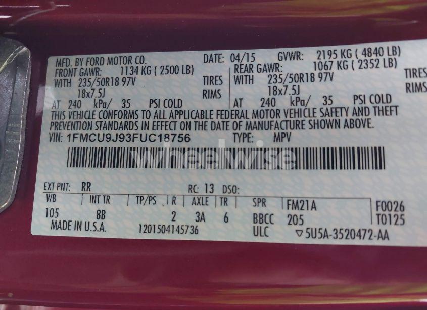 Photo 9 of 2015 Ford Escape TITANIUM (VIN 1FMCU9J93FUC18756)