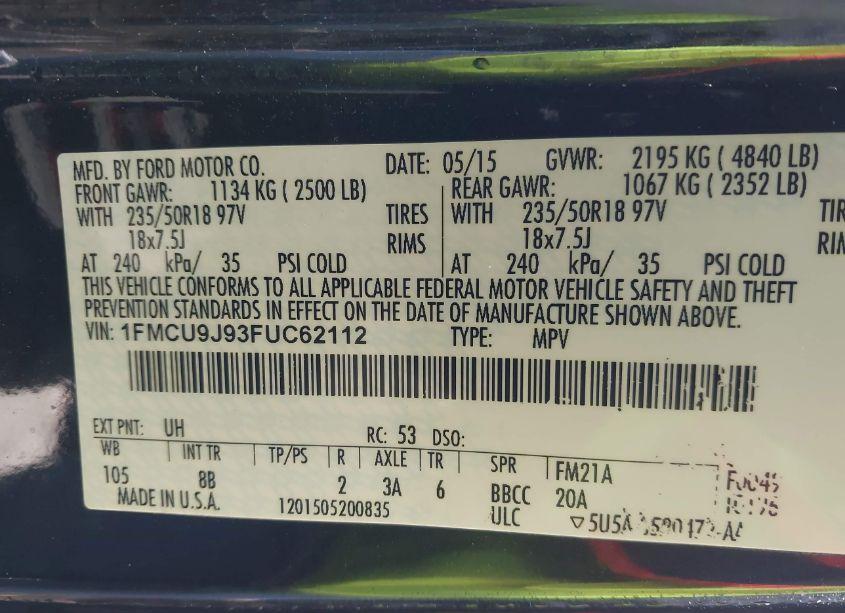 Photo 9 of 2015 Ford Escape TITANIUM (VIN 1FMCU9J93FUC62112)