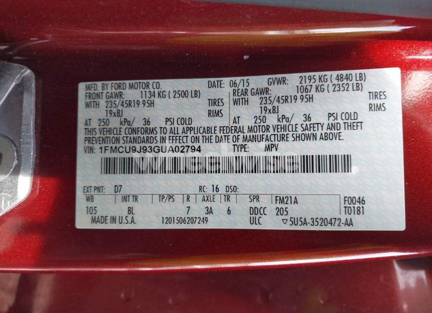 Photo 9 of 2016 Ford Escape TITANIUM (VIN 1FMCU9J93GUA02794)