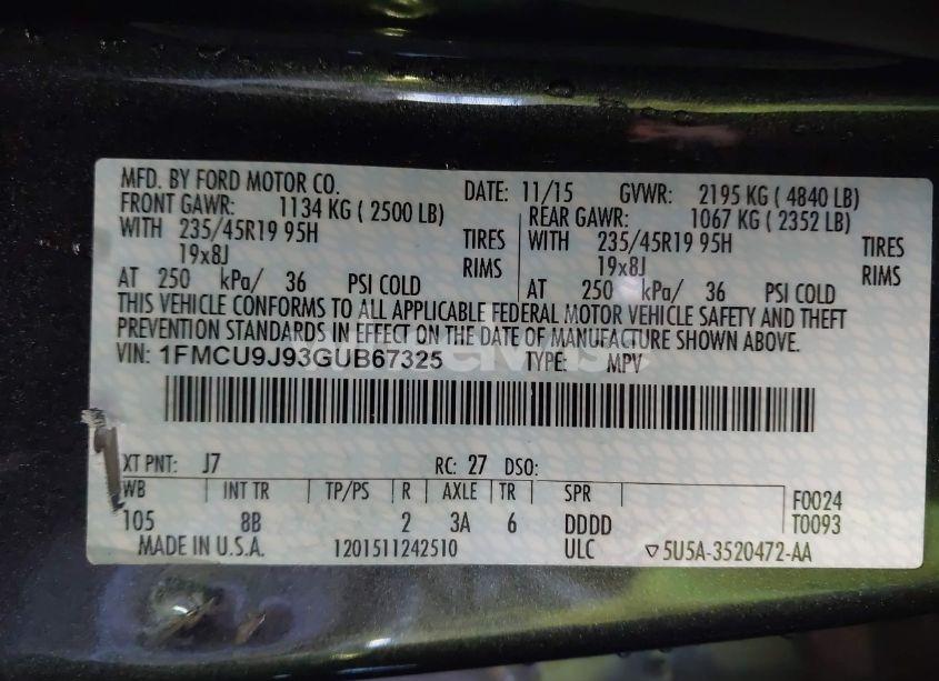 Photo 9 of 2016 Ford Escape TITANIUM (VIN 1FMCU9J93GUB67325)