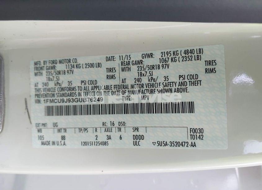 Photo 9 of 2016 Ford Escape TITANIUM (VIN 1FMCU9J93GUB76249)