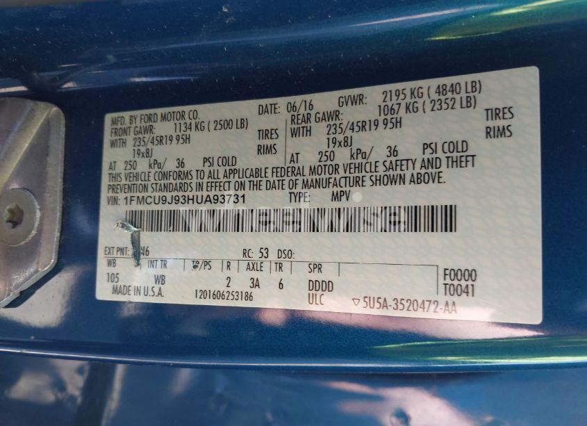 Photo 9 of 2017 Ford Escape TITANIUM (VIN 1FMCU9J93HUA93731)