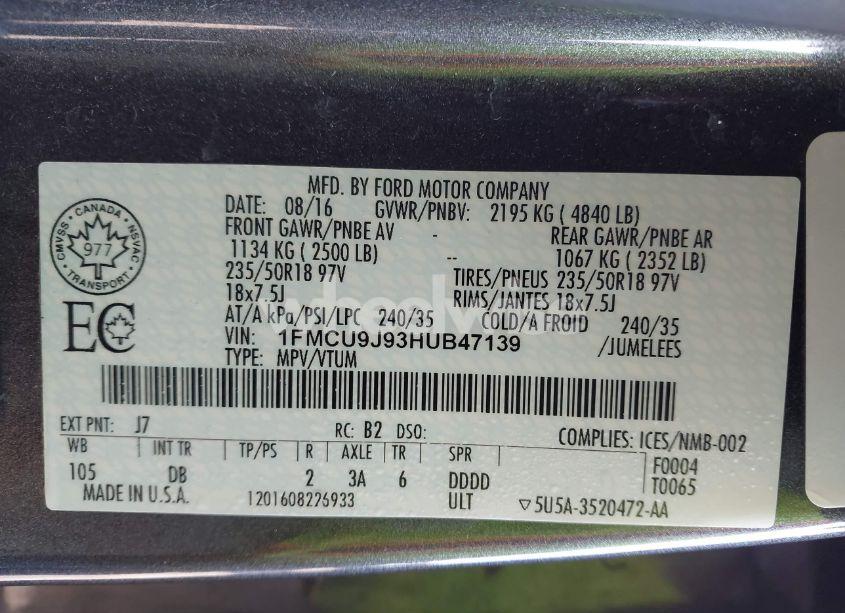 Photo 9 of 2017 Ford Escape TITANIUM (VIN 1FMCU9J93HUB47139)