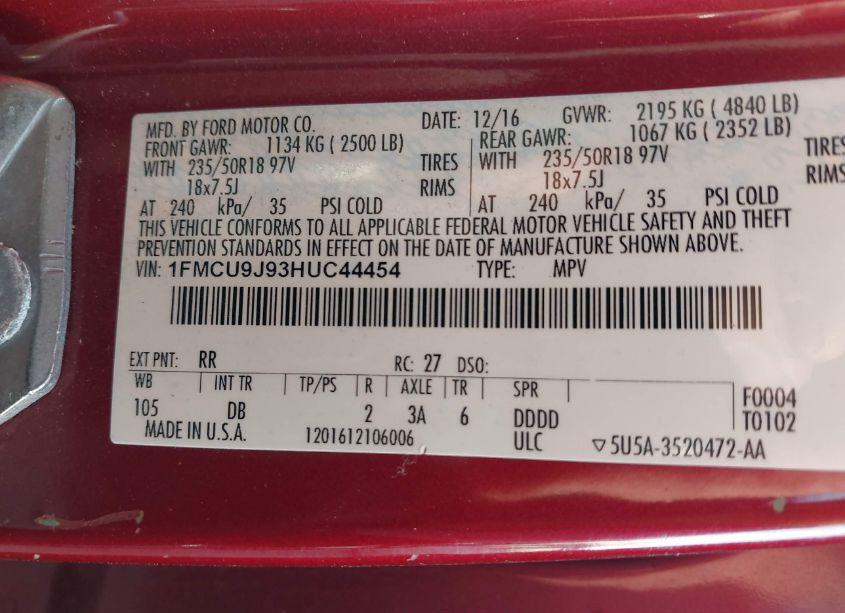 Photo 6 of 2017 Ford Escape TITANIUM (VIN 1FMCU9J93HUC44454)