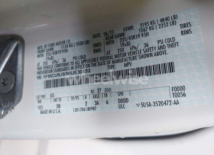 Photo 9 of 2017 Ford Escape TITANIUM (VIN 1FMCU9J93HUE30852)