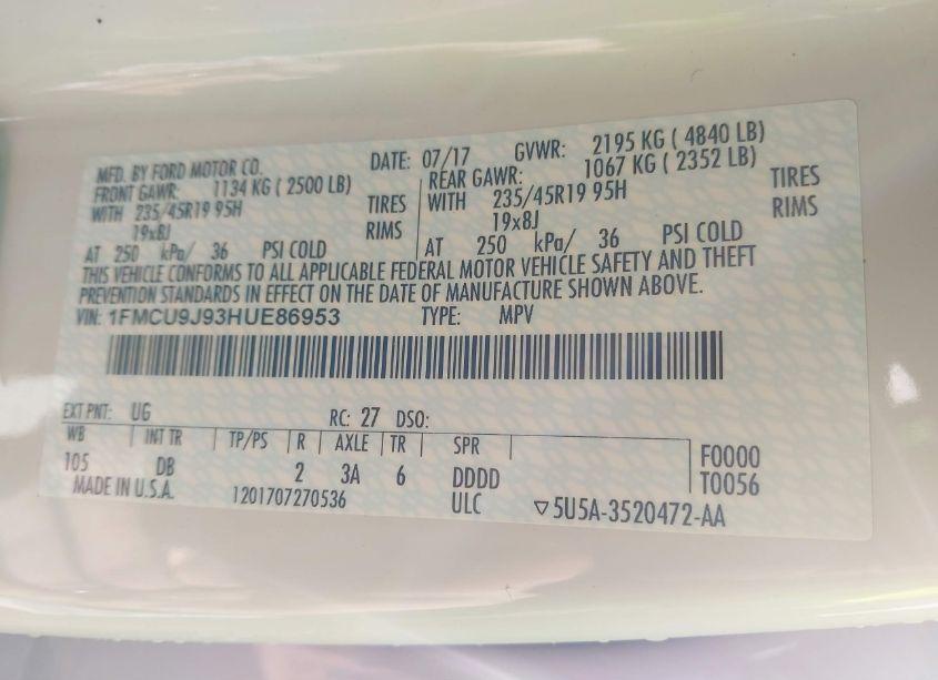 Photo 9 of 2017 Ford Escape TITANIUM (VIN 1FMCU9J93HUE86953)