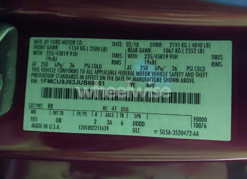 Photo 9 of 2018 Ford Escape TITANIUM (VIN 1FMCU9J93JUB69051)