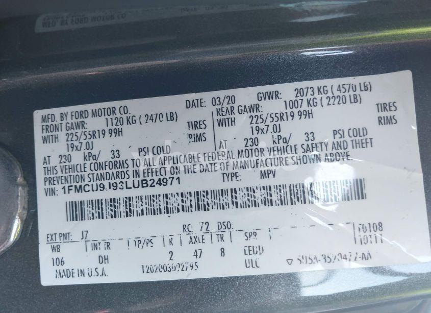 Photo 9 of 2020 Ford Escape TITANIUM (VIN 1FMCU9J93LUB24971)