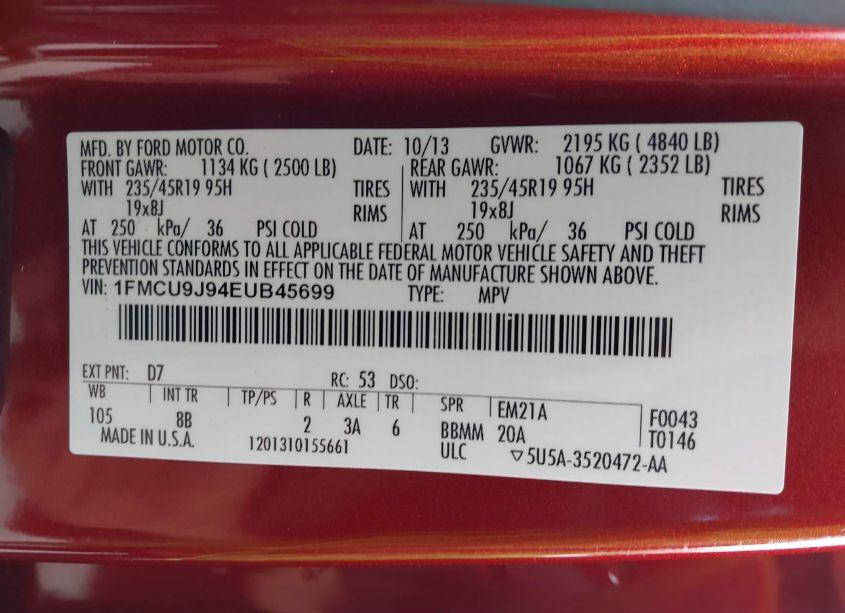 Photo 9 of 2014 Ford Escape TITANIUM (VIN 1FMCU9J94EUB45699)