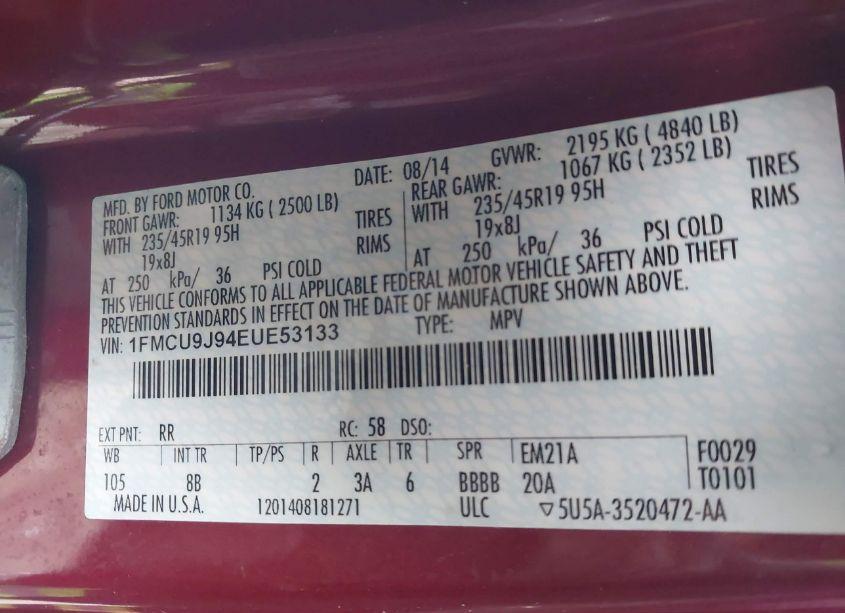 Photo 9 of 2014 Ford Escape TITANIUM (VIN 1FMCU9J94EUE53133)