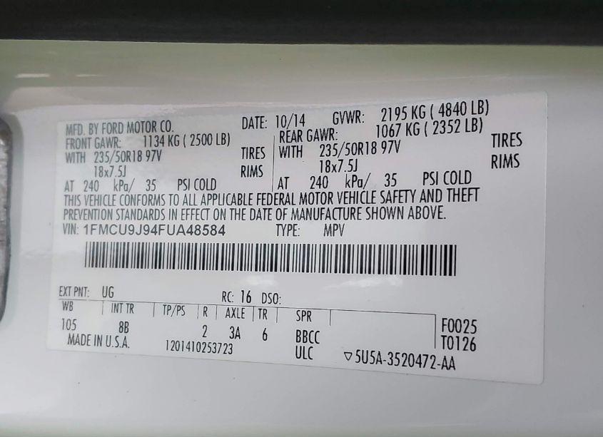 Photo 9 of 2015 Ford Escape TITANIUM (VIN 1FMCU9J94FUA48584)