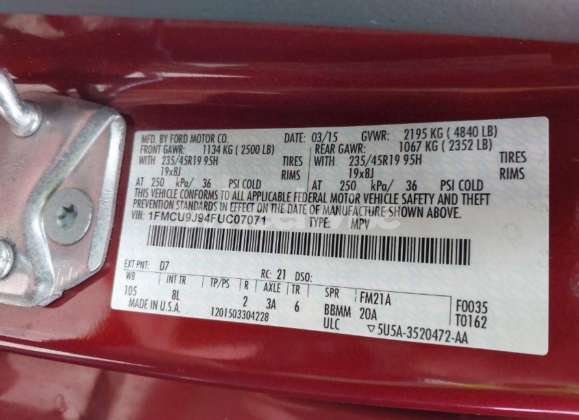 Photo 9 of 2015 Ford Escape TITANIUM (VIN 1FMCU9J94FUC07071)