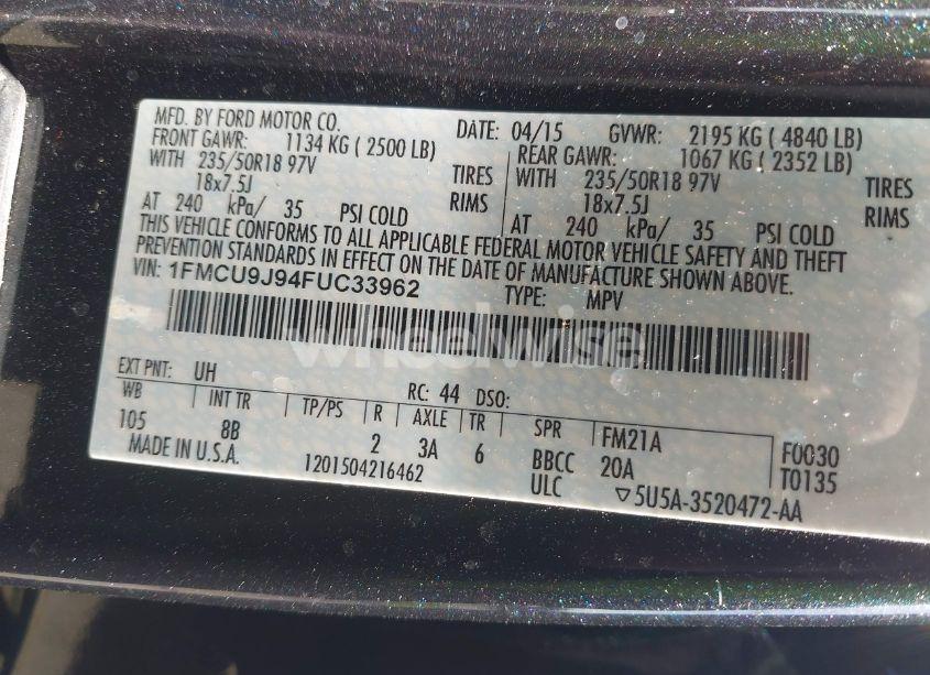 Photo 9 of 2015 Ford Escape TITANIUM (VIN 1FMCU9J94FUC33962)