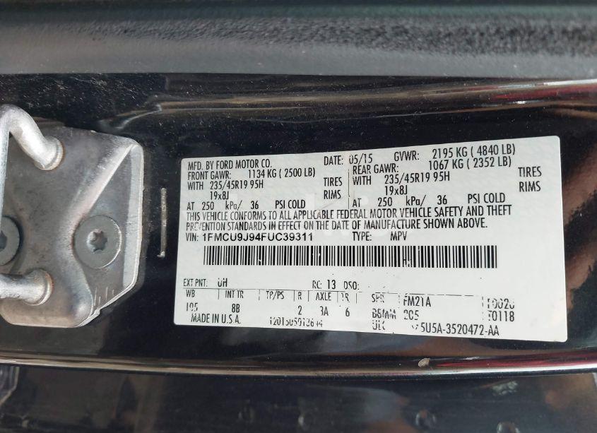 Photo 9 of 2015 Ford Escape TITANIUM (VIN 1FMCU9J94FUC39311)