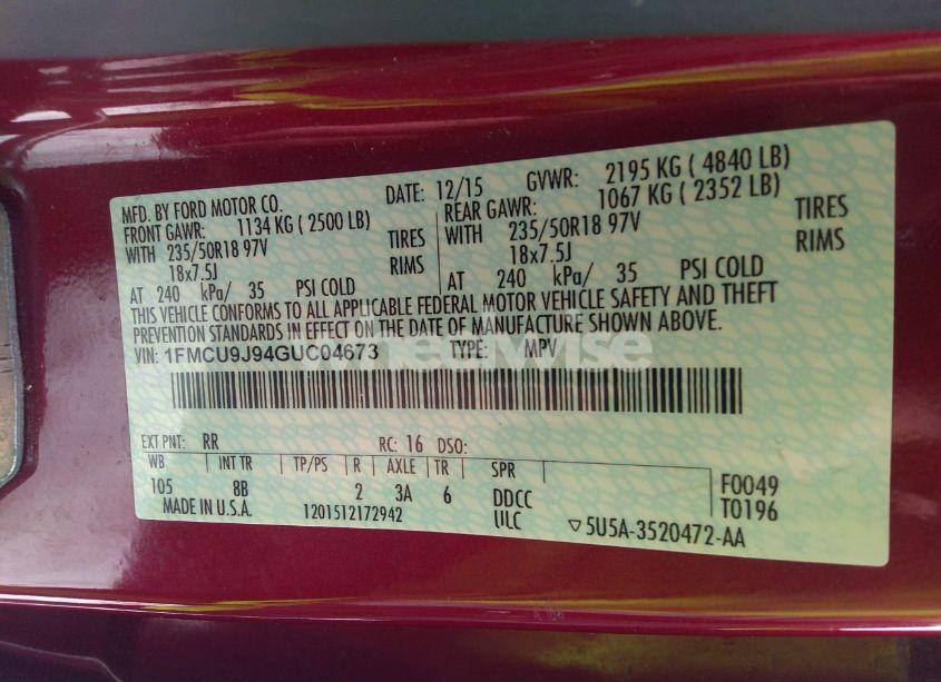 Photo 9 of 2016 Ford Escape TITANIUM (VIN 1FMCU9J94GUC04673)