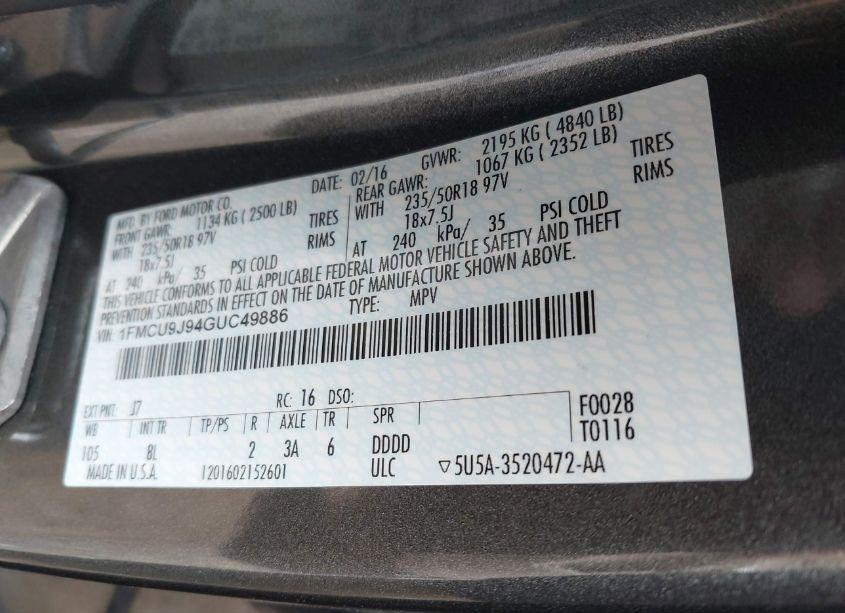 Photo 9 of 2016 Ford Escape TITANIUM (VIN 1FMCU9J94GUC49886)