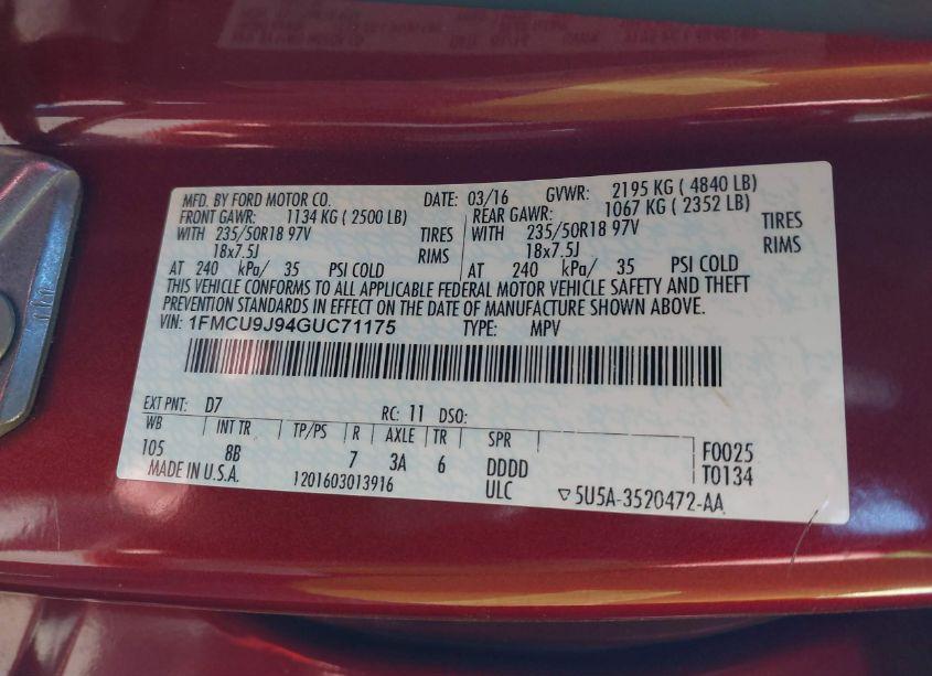 Photo 9 of 2016 Ford Escape TITANIUM (VIN 1FMCU9J94GUC71175)