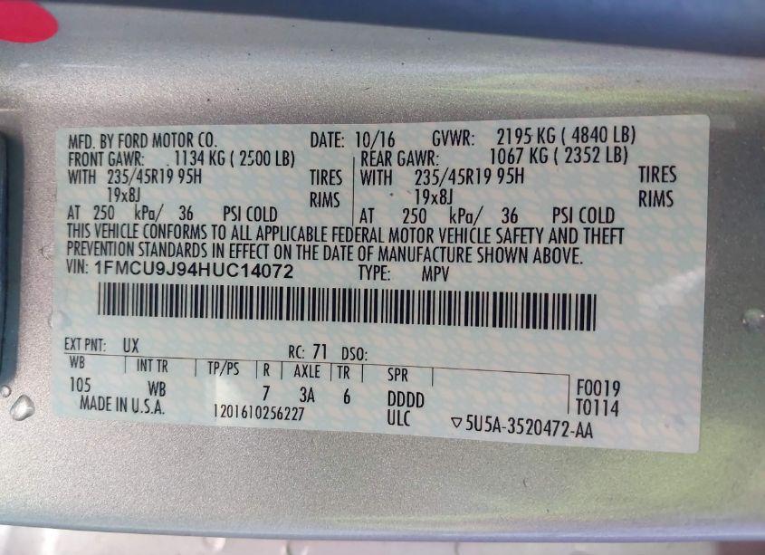 Photo 9 of 2017 Ford Escape TITANIUM (VIN 1FMCU9J94HUC14072)