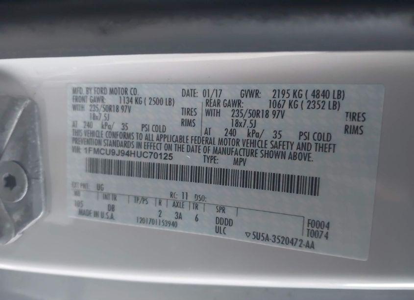 Photo 9 of 2017 Ford Escape TITANIUM (VIN 1FMCU9J94HUC70125)