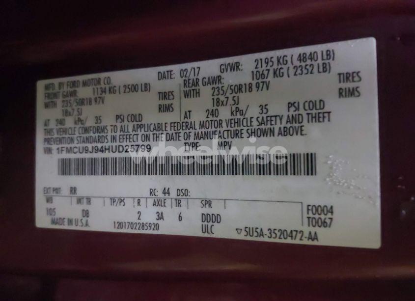 Photo 9 of 2017 Ford Escape TITANIUM (VIN 1FMCU9J94HUD25799)