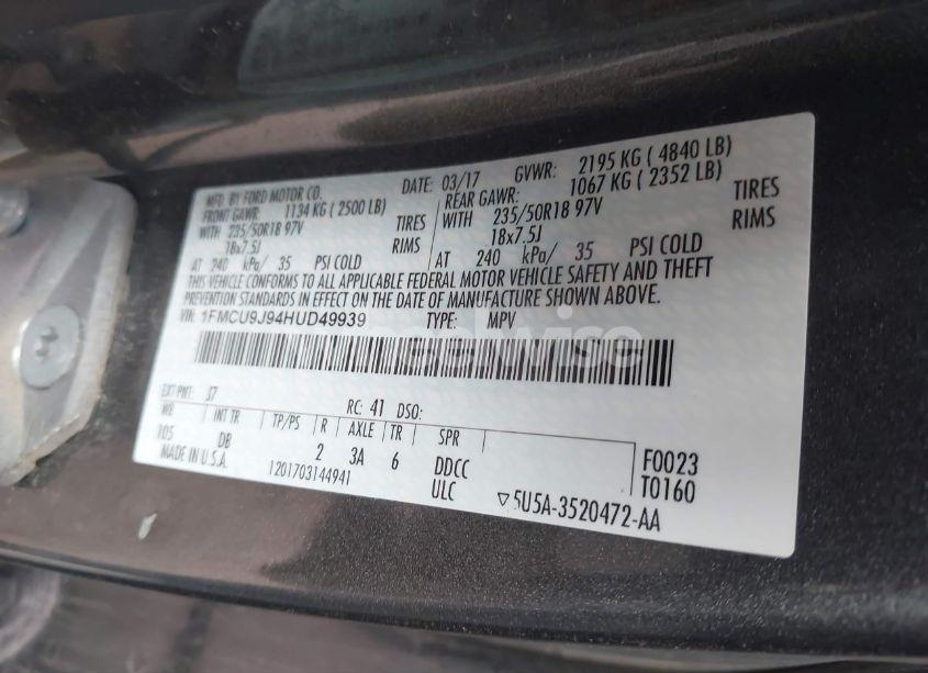 Photo 9 of 2017 Ford Escape TITANIUM (VIN 1FMCU9J94HUD49939)