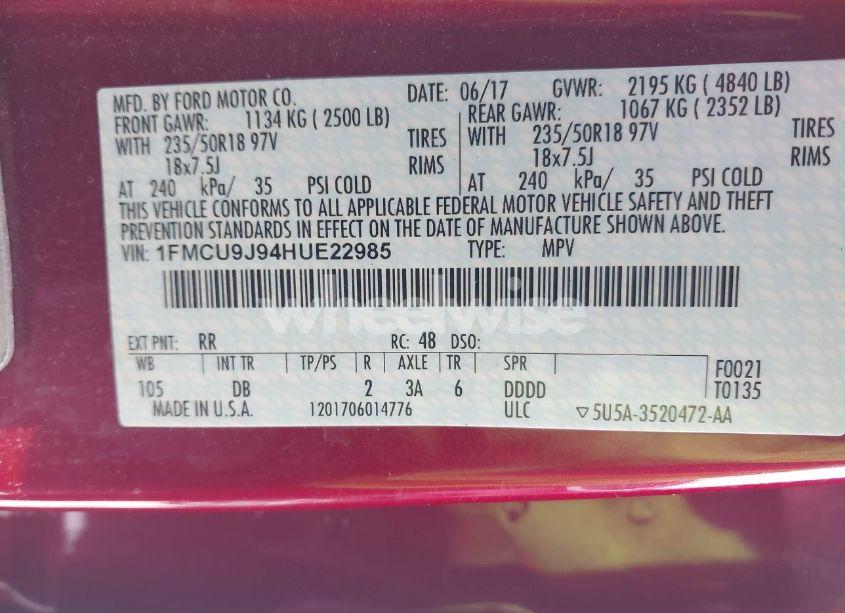 Photo 9 of 2017 Ford Escape TITANIUM (VIN 1FMCU9J94HUE22985)