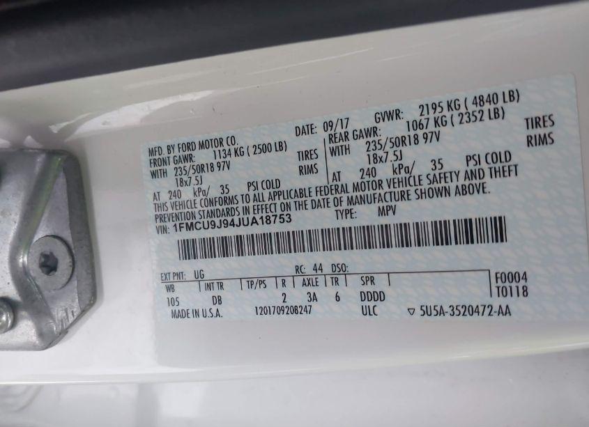 Photo 9 of 2018 Ford Escape TITANIUM (VIN 1FMCU9J94JUA18753)