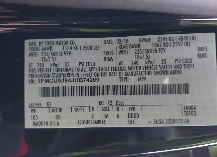 Photo 9 of 2018 Ford Escape TITANIUM (VIN 1FMCU9J94JUB74209)