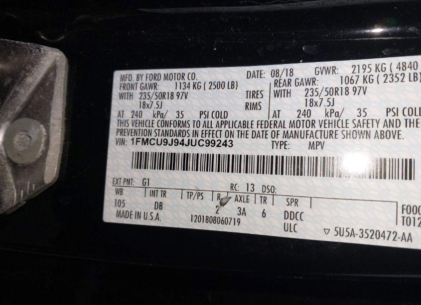 Photo 9 of 2018 Ford Escape TITANIUM (VIN 1FMCU9J94JUC99243)