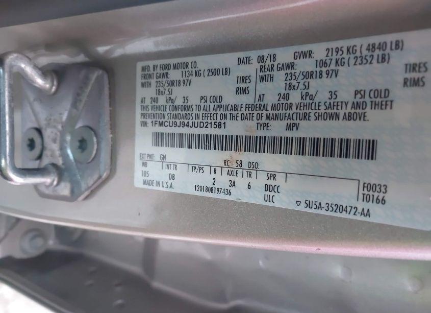 Photo 9 of 2018 Ford Escape TITANIUM (VIN 1FMCU9J94JUD21581)