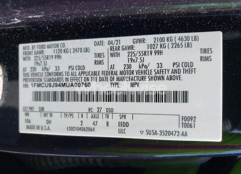 Photo 9 of 2021 Ford Escape TITANIUM (VIN 1FMCU9J94MUA00760)