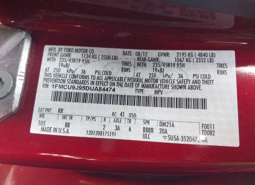 Photo 9 of 2013 Ford Escape TITANIUM (VIN 1FMCU9J95DUA84474)