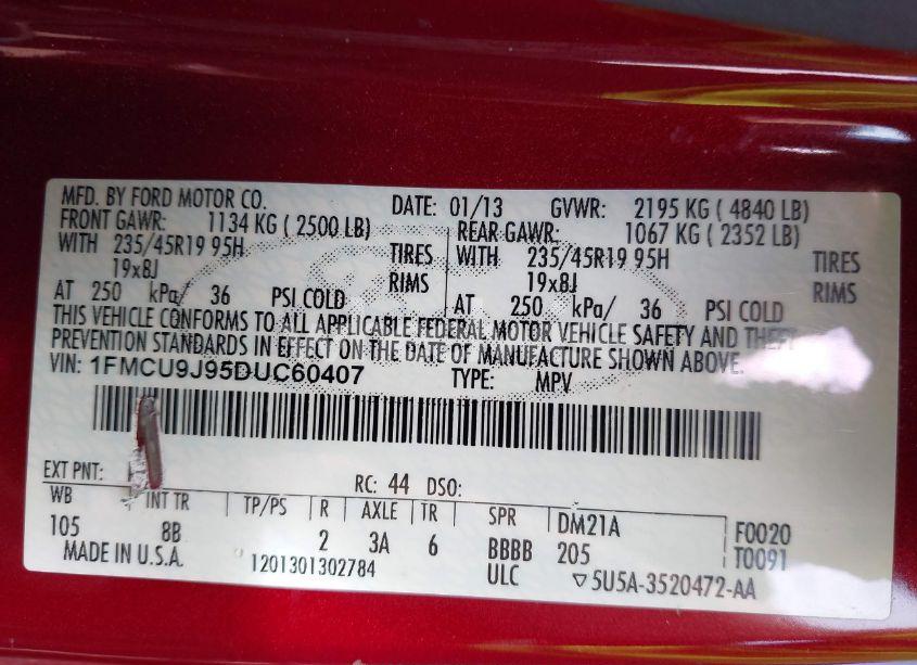 Photo 9 of 2013 Ford Escape TITANIUM (VIN 1FMCU9J95DUC60407)