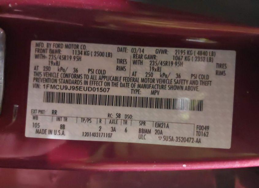 Photo 9 of 2014 Ford Escape TITANIUM (VIN 1FMCU9J95EUD01507)