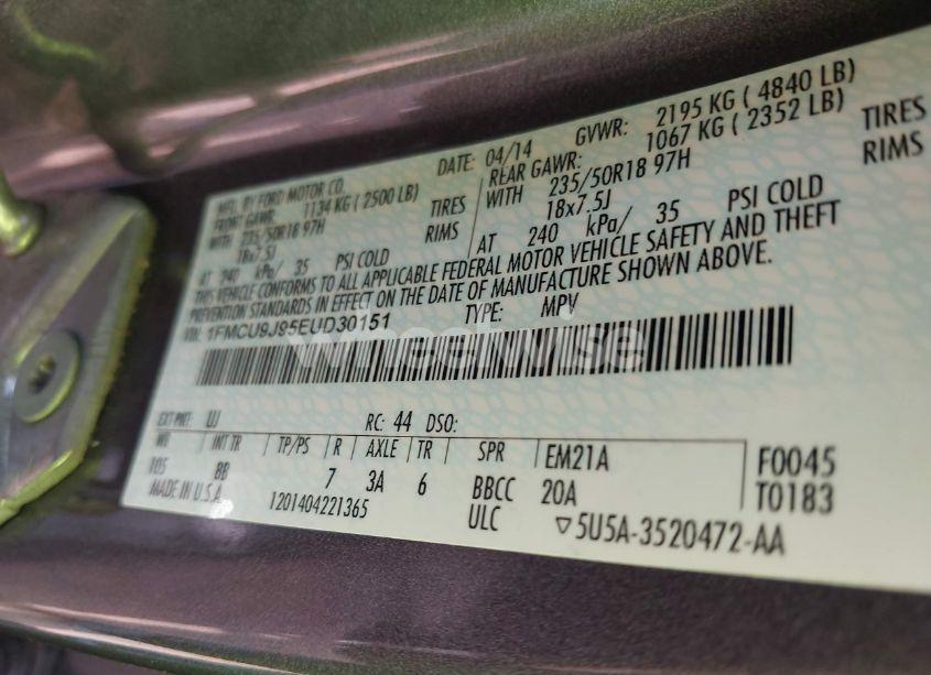 Photo 9 of 2014 Ford Escape TITANIUM (VIN 1FMCU9J95EUD30151)